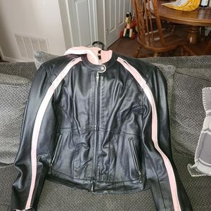 Black leather coat w/pink striping (worn twice)